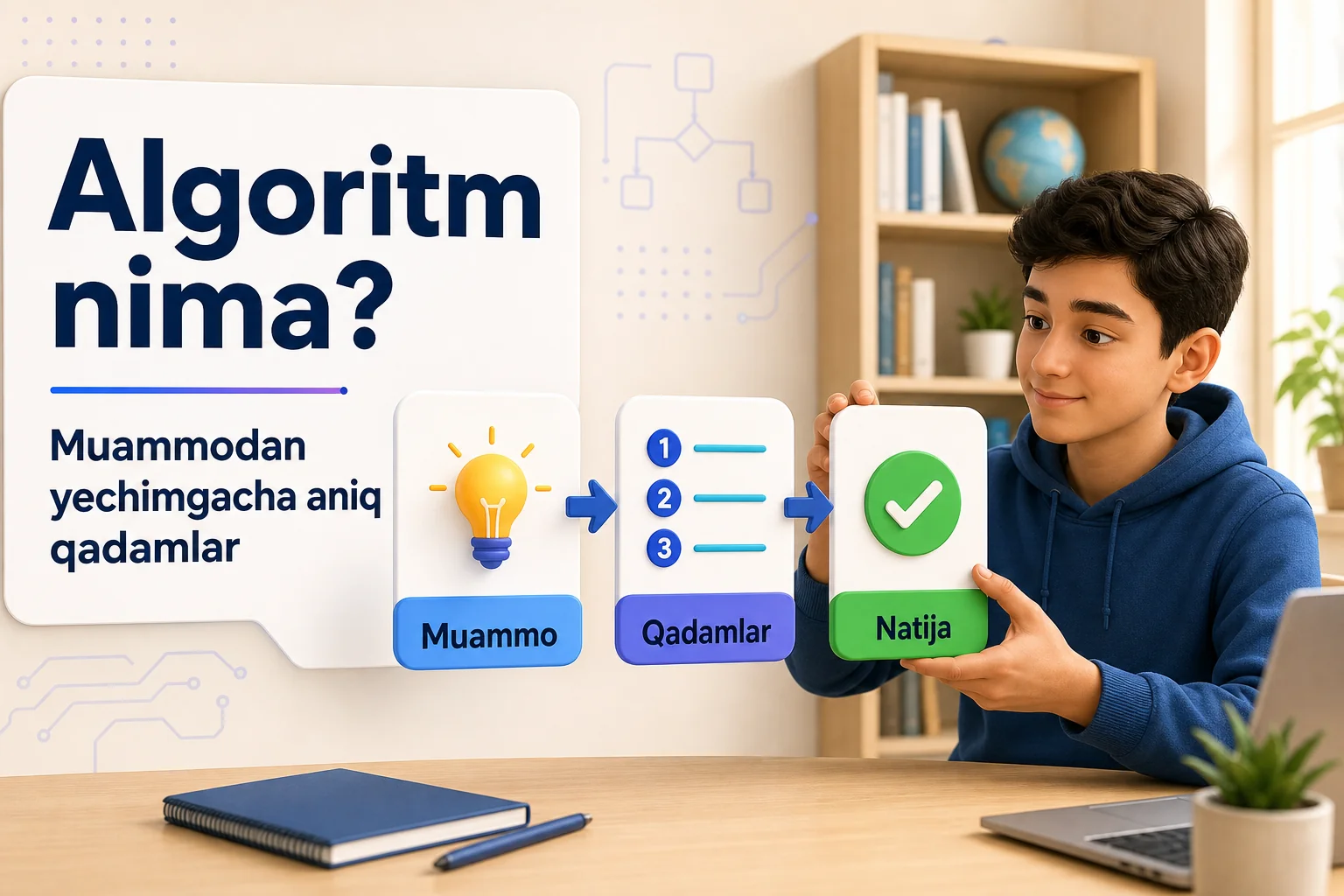 Muammodan natijagacha bo'lgan aniq qadamlarni tuzayotgan o'quvchi