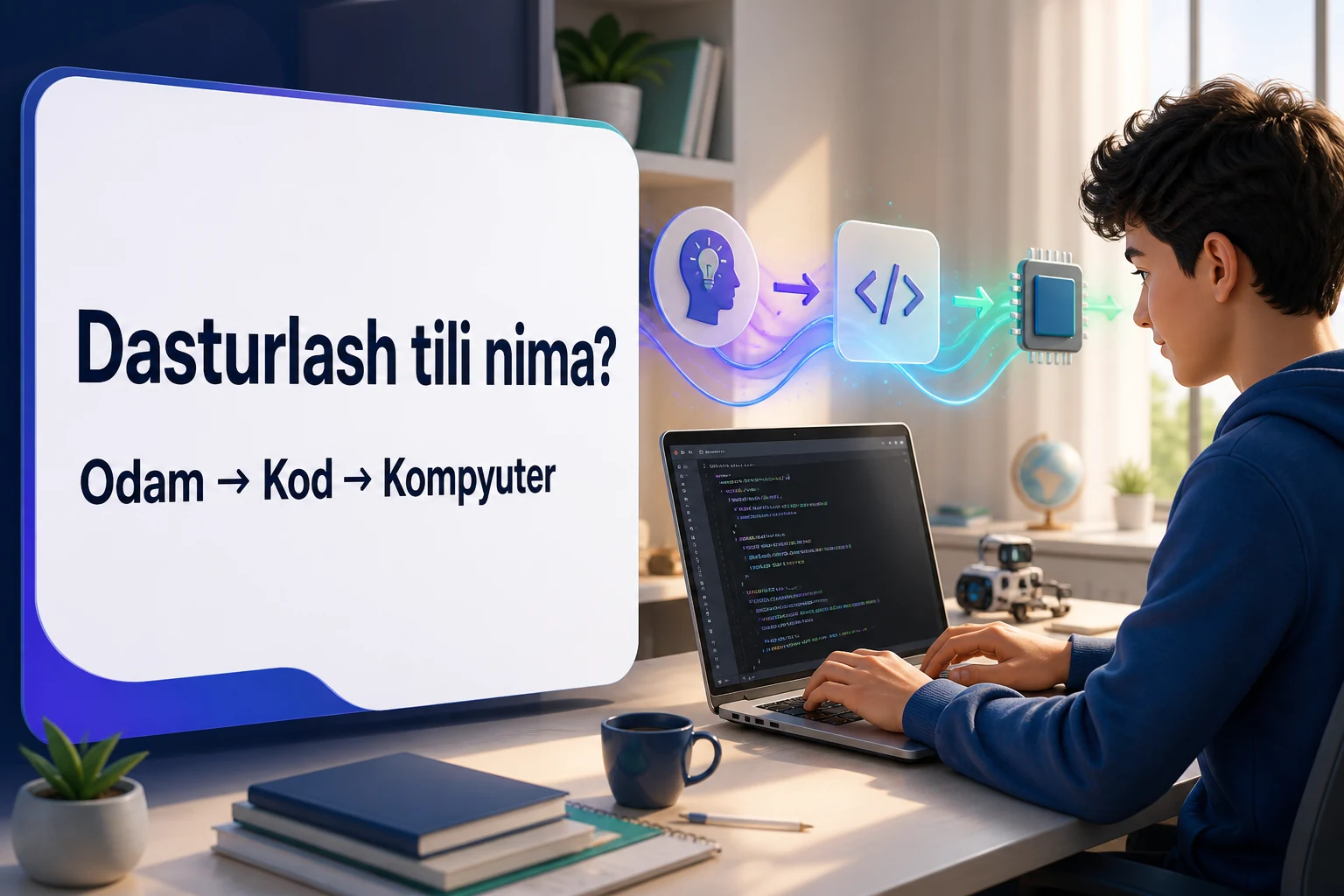 Dasturlash tili odam yozgan kodni kompyuter tushunadigan buyruqqa bog'lashini ko'rsatuvchi rasm