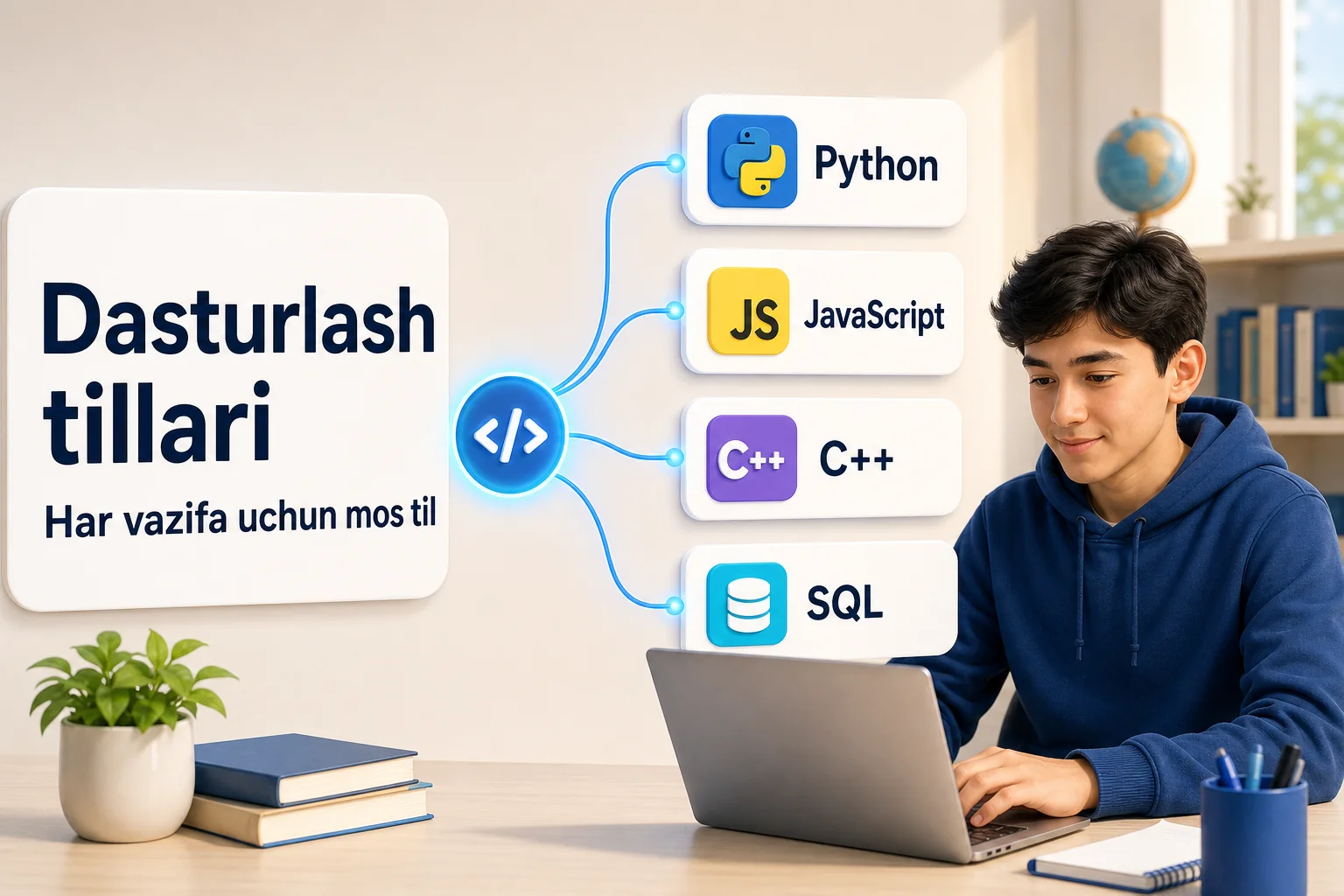 Python, JavaScript, C++ va SQL tillari turli vazifalar uchun tanlanishini ko'rsatuvchi rasm