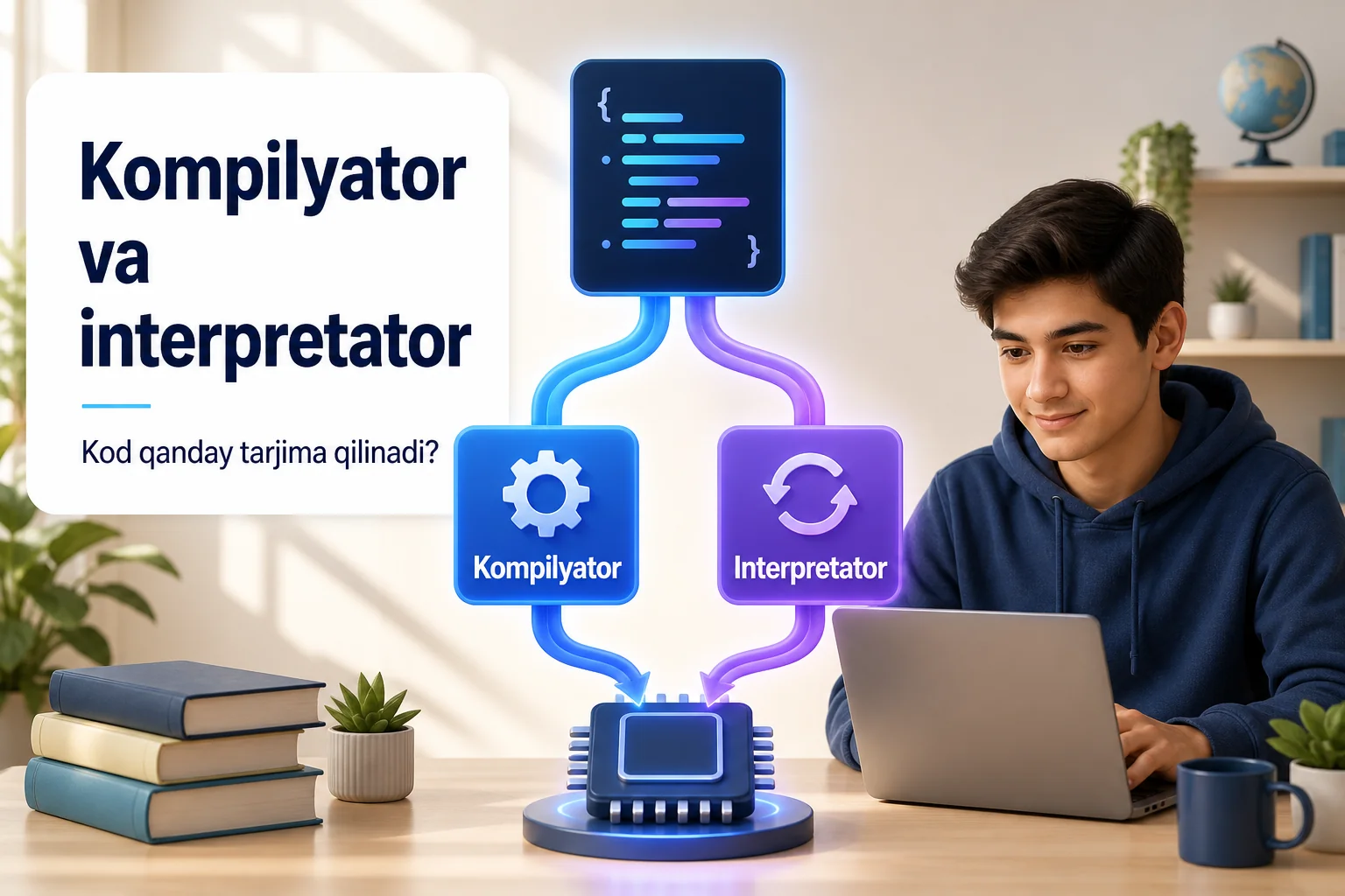Kodni kompilyator va interpretator orqali kompyuter buyruqlariga aylantirish jarayoni