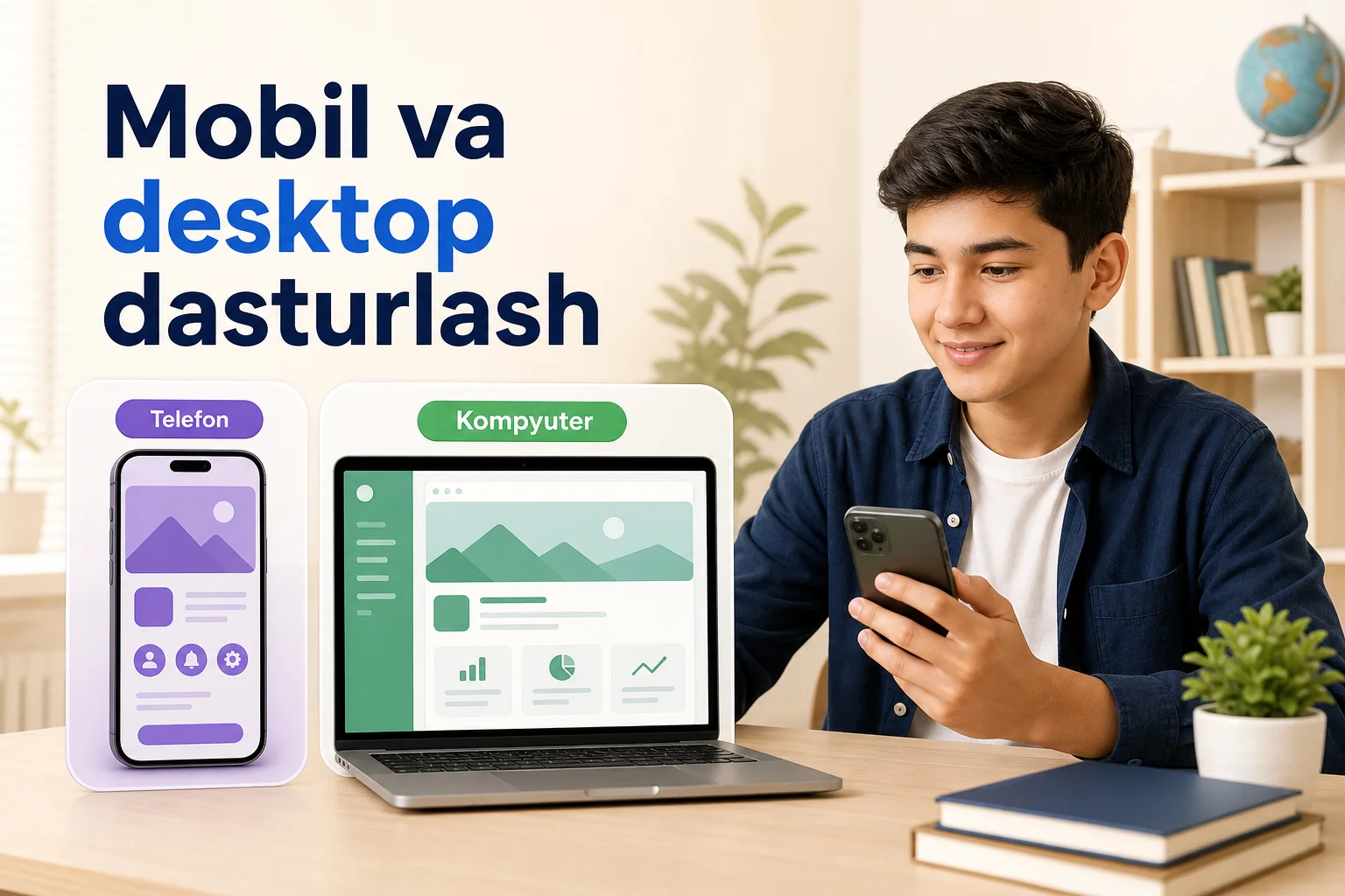Telefon ilovasi va kompyuter dasturini birga ko'rib turgan dasturchi