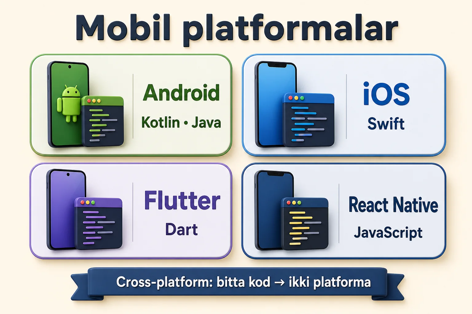 Android uchun Kotlin va Java, iOS uchun Swift hamda cross-platform uchun Flutter va React Native tanlovlari