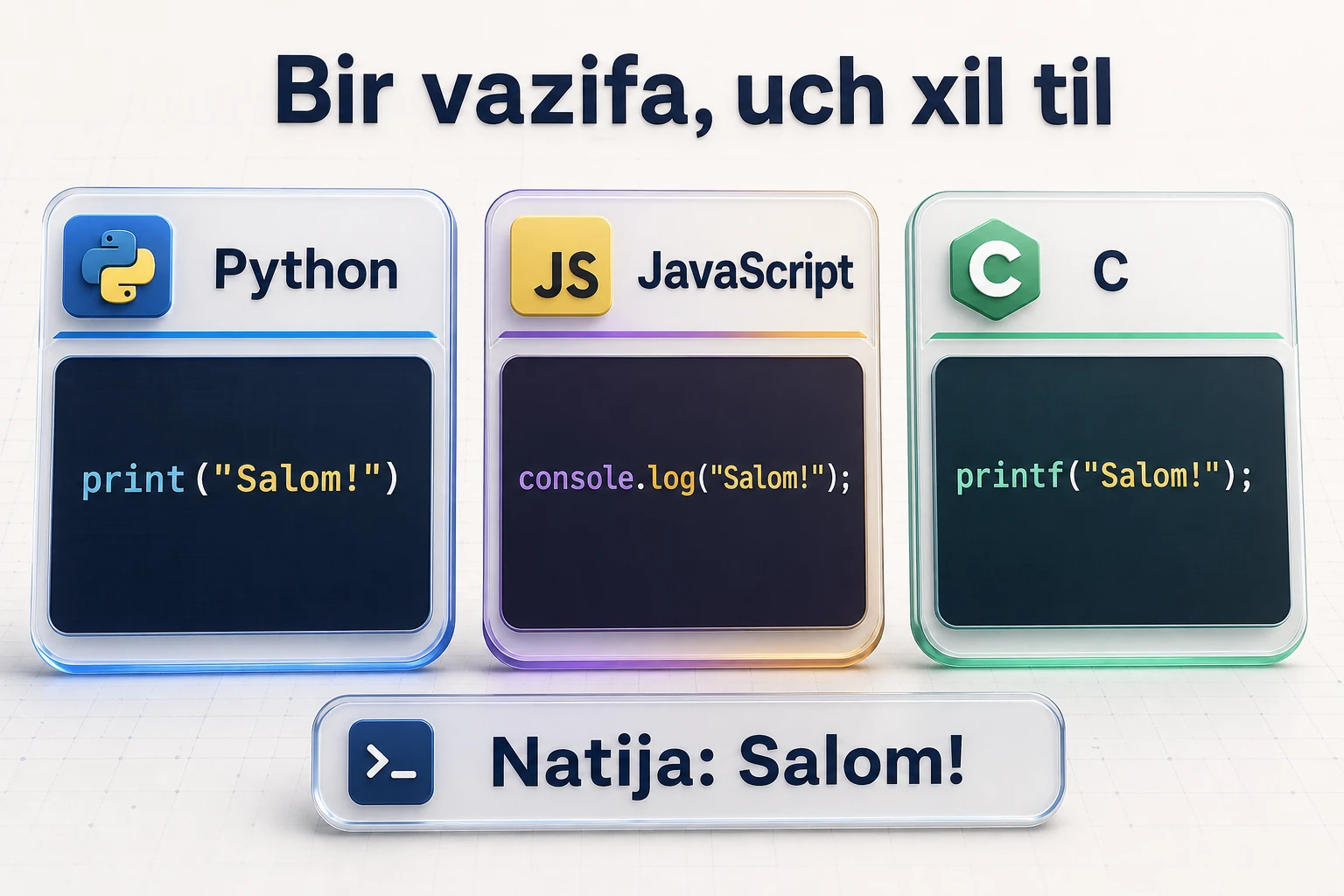 Bir vazifaning Python, JavaScript va C tillaridagi yozilishi