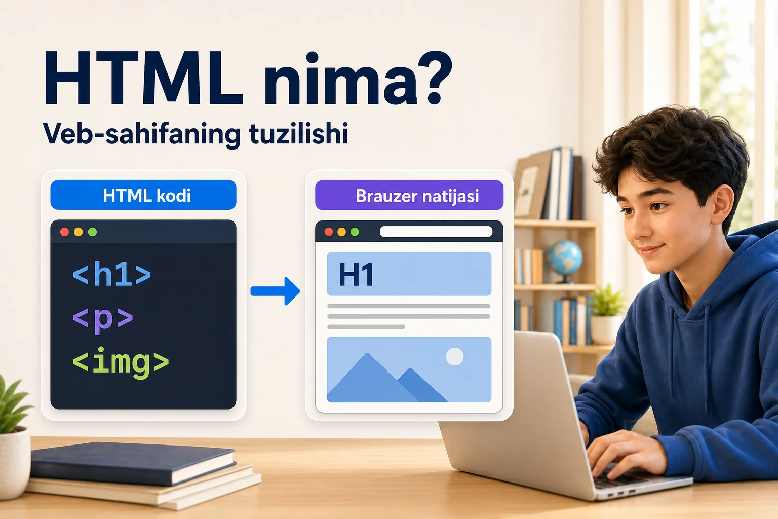 HTML kodi sarlavha, paragraf va rasm ko'rinishida brauzer sahifasiga aylanishini ko'rsatuvchi grafik