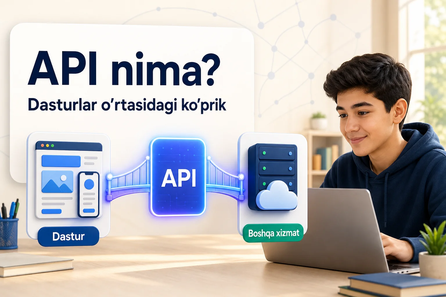 API dastur bilan boshqa xizmat o'rtasida ma'lumot almashish ko'prigi bo'lishini ko'rsatuvchi rasm