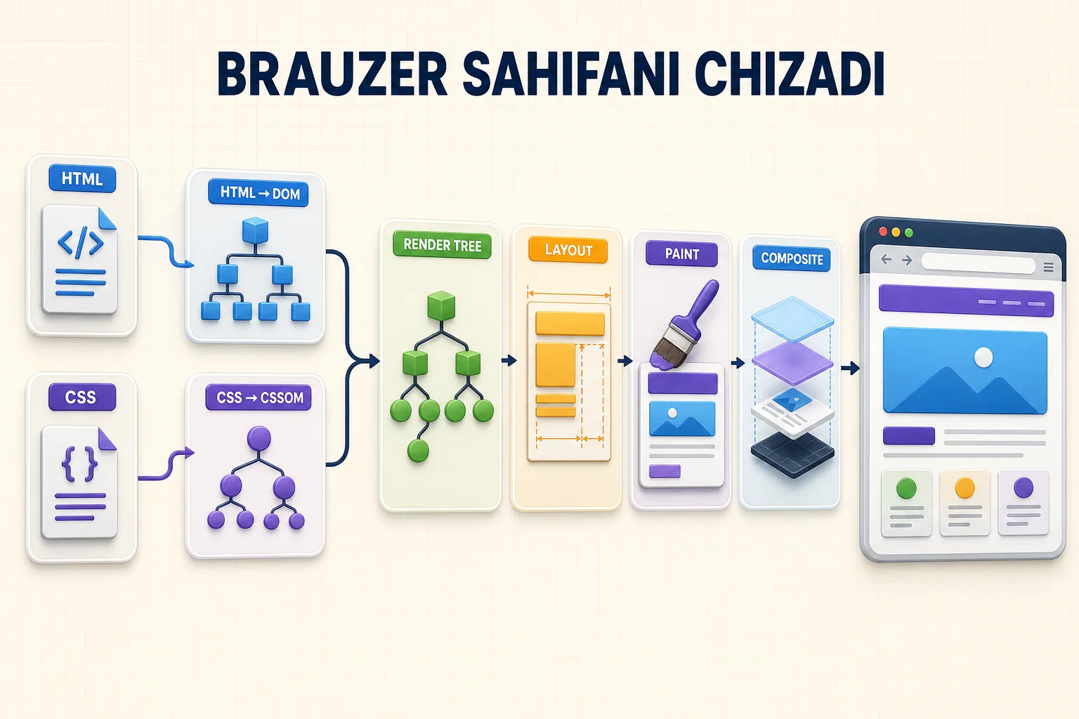 Brauzerning HTML va CSSdan DOM, CSSOM hamda render tree qurib, layout, paint va composite bosqichlarida sahifani chizishi