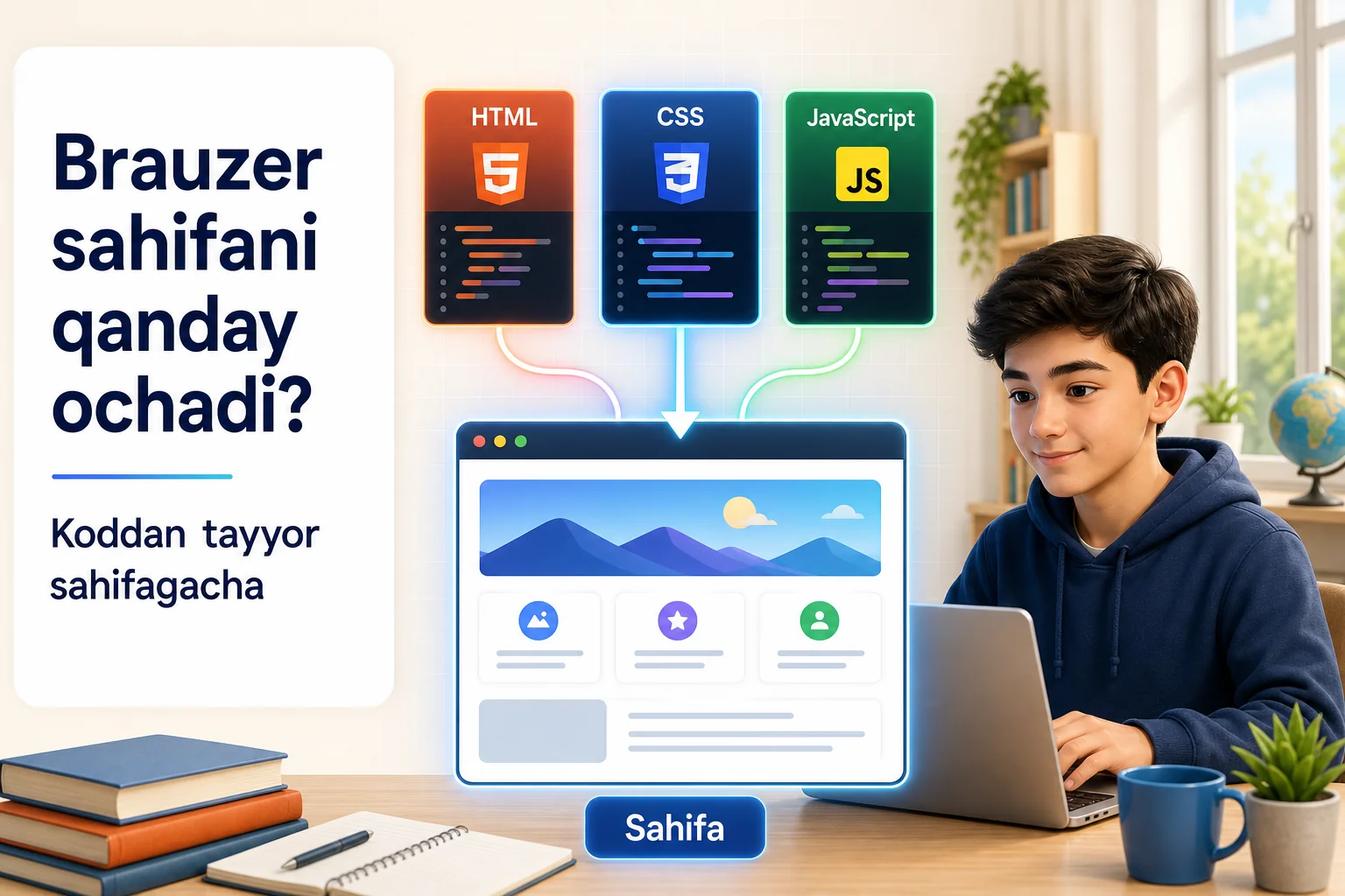 Brauzer HTML, CSS va JavaScript kodidan tayyor web sahifa hosil qilishini ko'rsatuvchi rasm