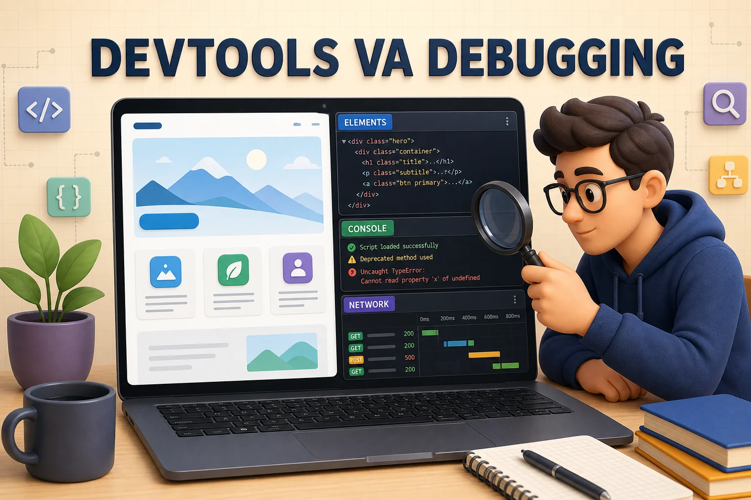Dasturchi brauzer DevTools orqali Elements, Console va Network panellarida web xatoni tekshirishi