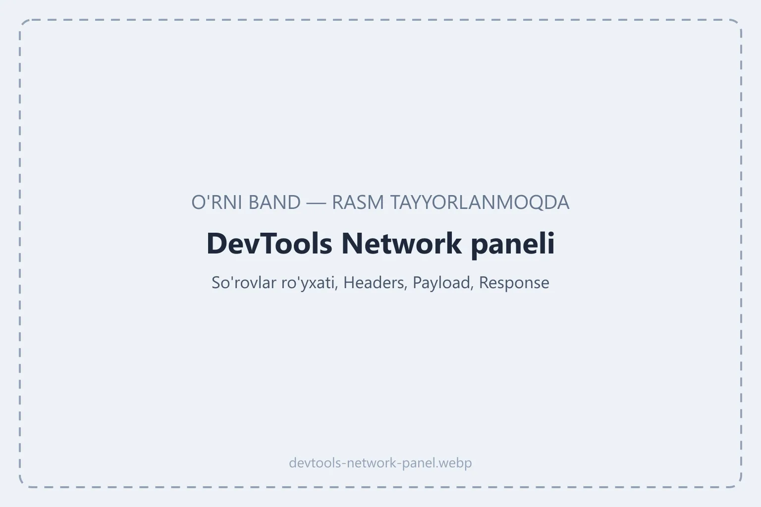 DevTools Network panelining asosiy qismlari: so'rovlar ro'yxati, filtr, Headers, Payload va Response bo'limlari