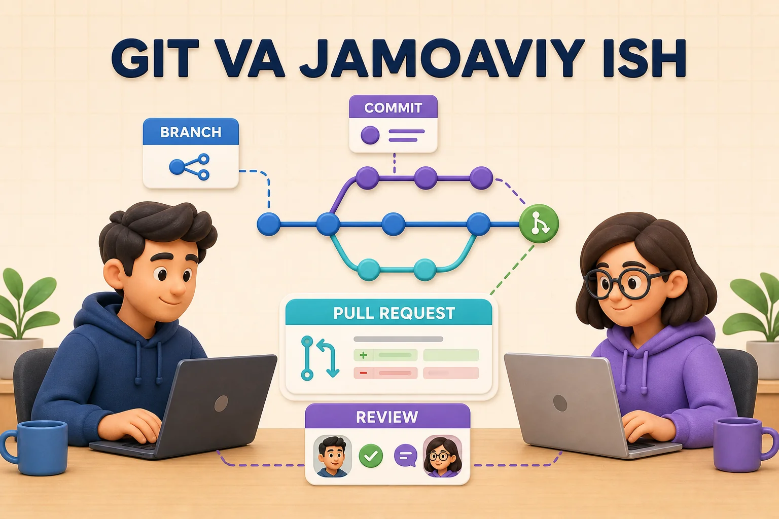 Dasturchilar Git branch va pull request orqali web loyiha ustida hamkorlik qilishi