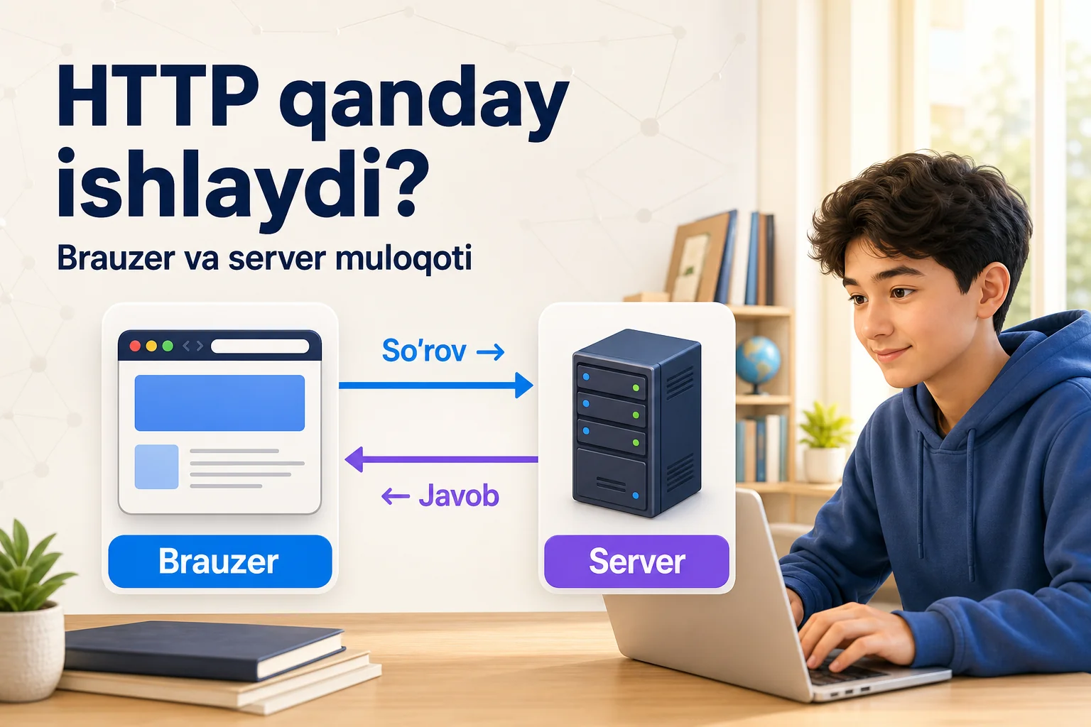 Brauzer serverga HTTP so'rov yuborib, serverdan javob olishini ko'rsatuvchi rasm