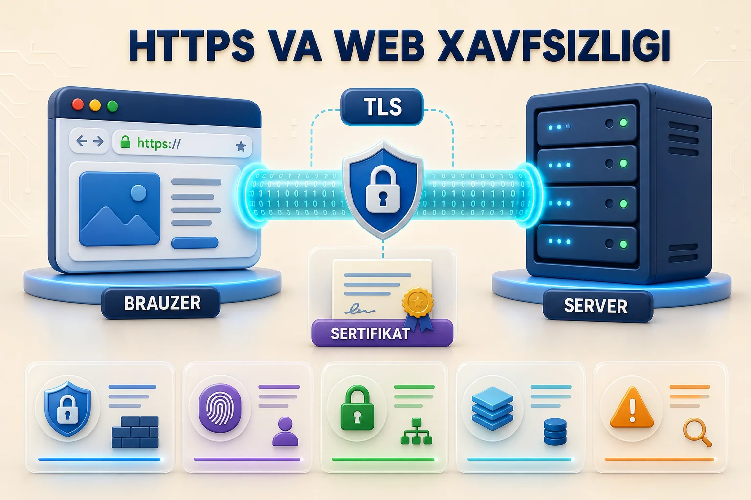 Brauzer va server o'rtasidagi HTTPS aloqa sertifikat va shifrlash bilan himoyalanishi