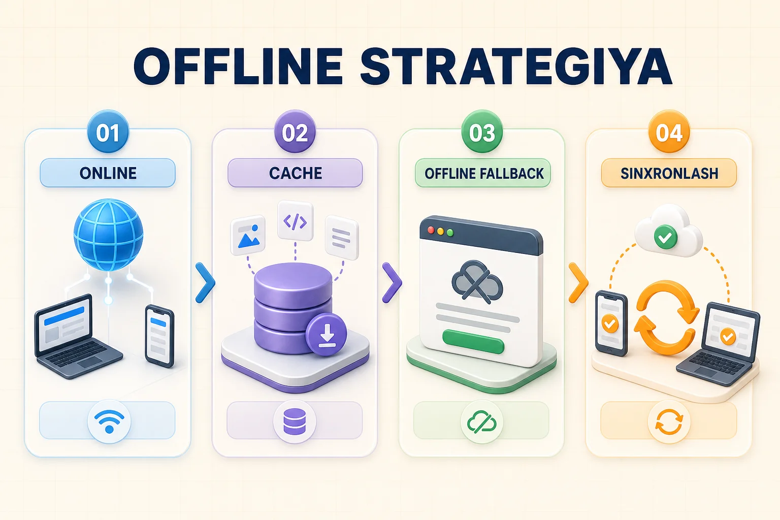 Online so'rov, cache javobi, offline fallback va keyingi sinxronlash holatlari