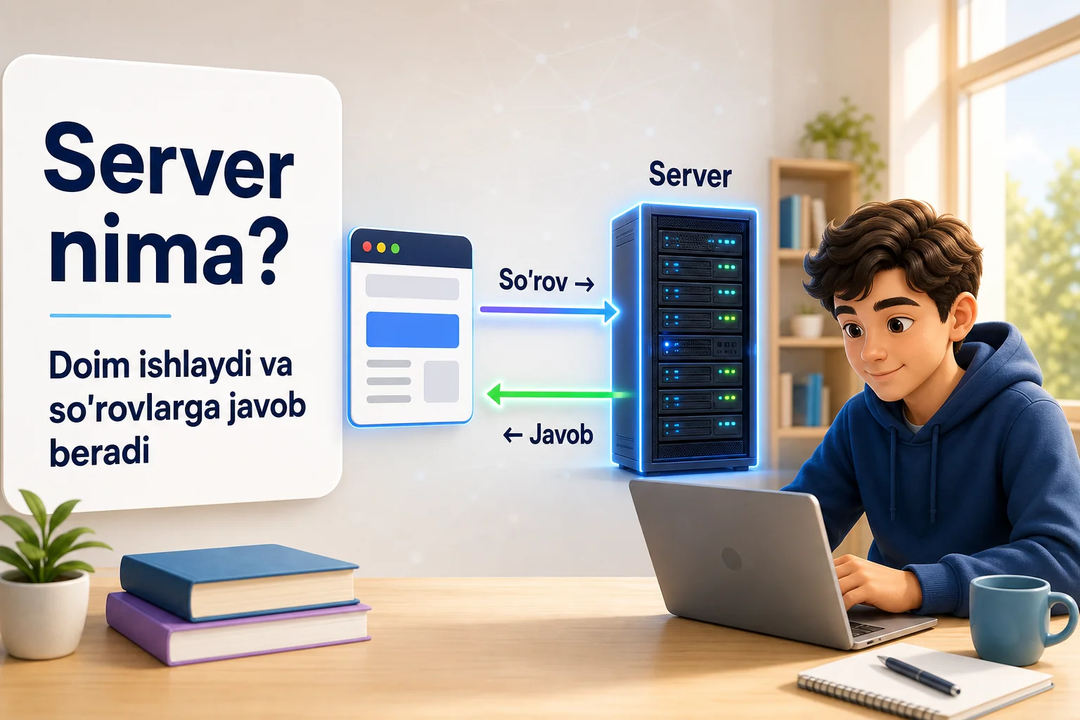 Brauzer serverga so'rov yuborib, doim ishlaydigan serverdan javob olishini ko'rsatuvchi rasm