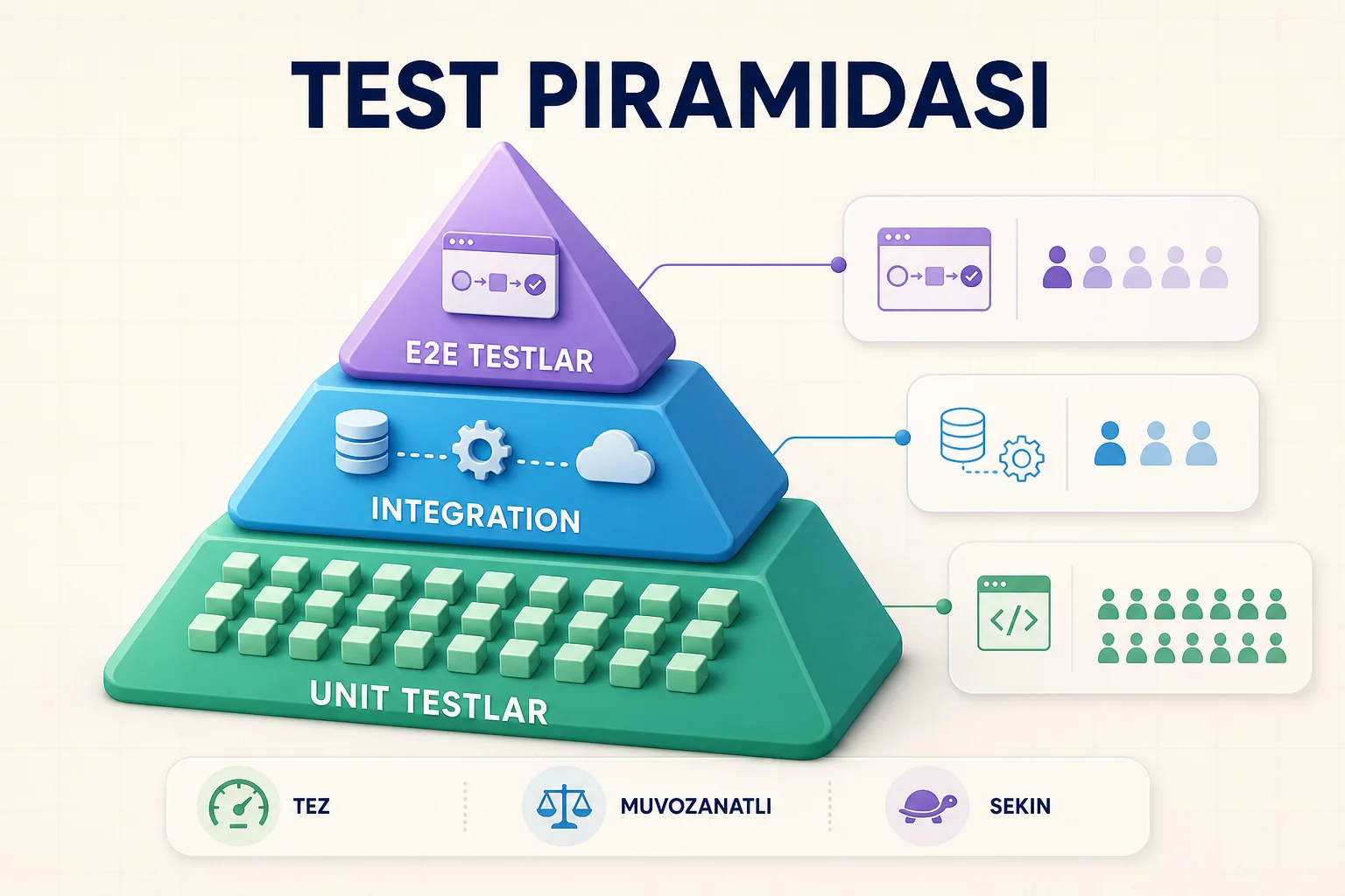Ko'p tez unit test, o'rtada integration va kamroq sekin end-to-end testlardan iborat test piramidasi