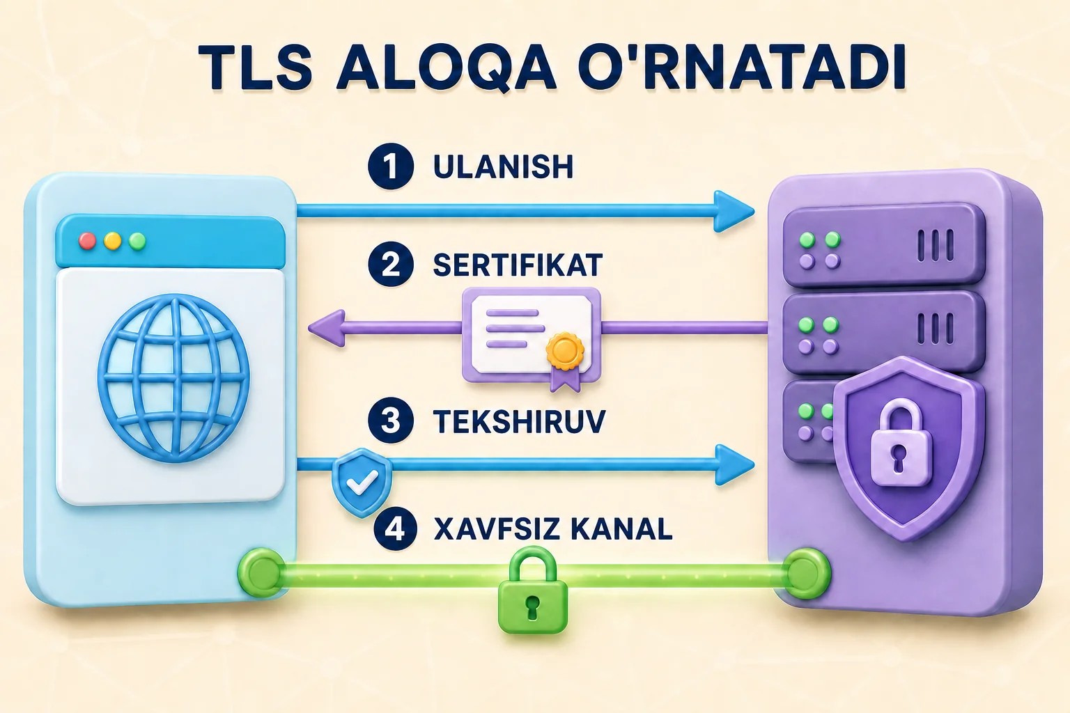Brauzer sertifikatni tekshirib, TLS kalitlar kelishuvidan so'ng shifrlangan HTTPS aloqa o'rnatishi