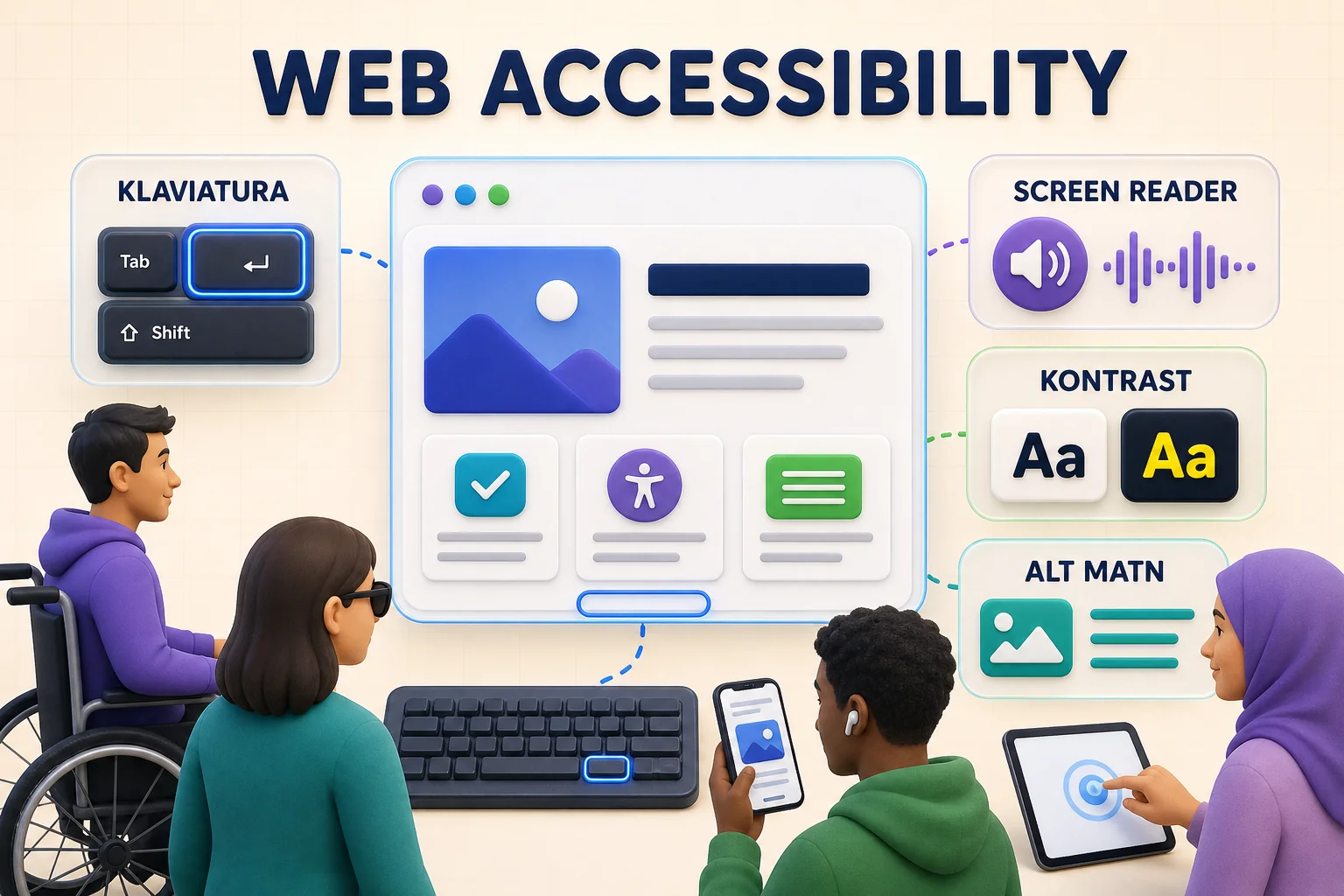 Web sahifadan klaviatura, screen reader, mobil qurilma va turli foydalanuvchilar foydalanishi