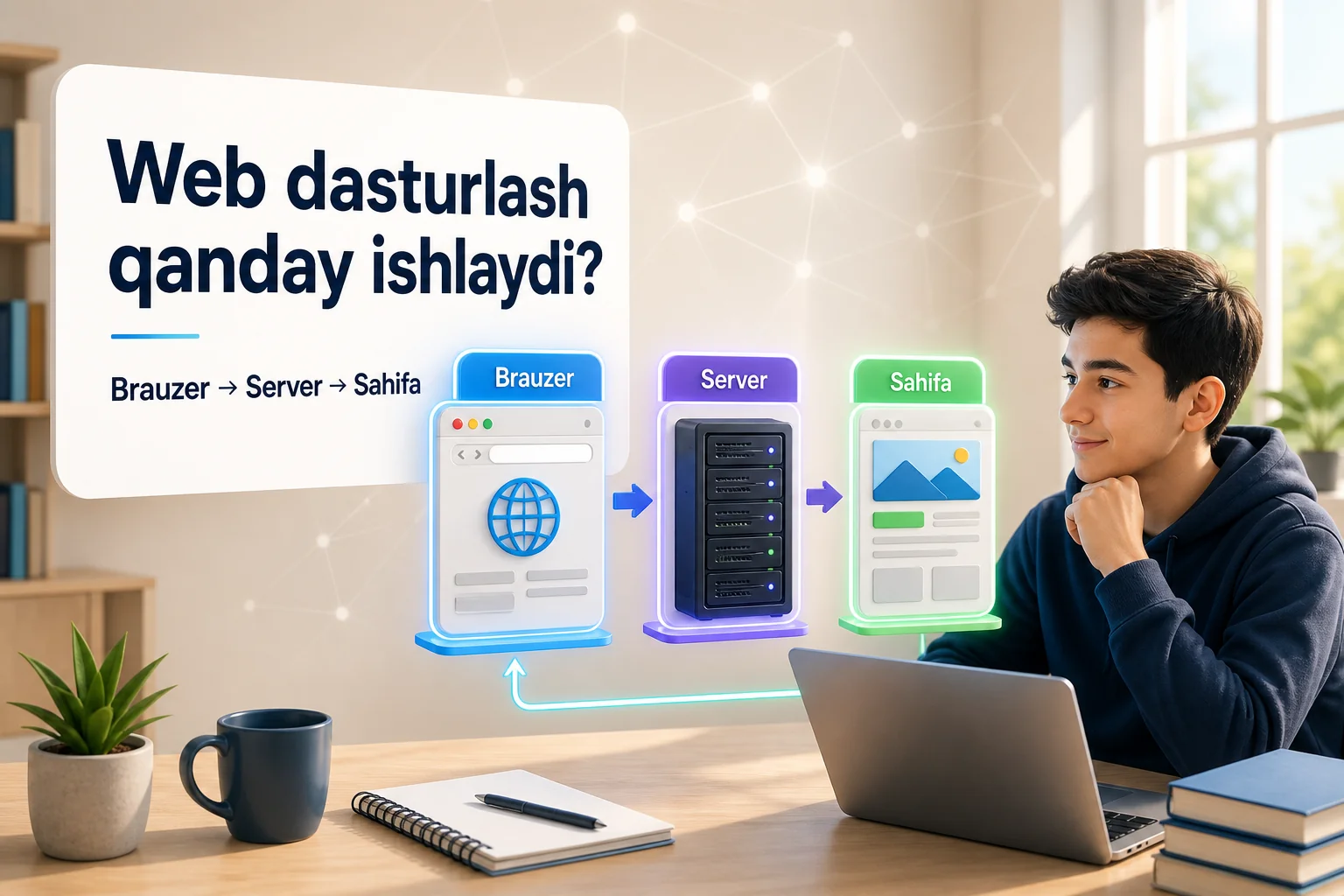 Brauzer, server va tayyor sahifa orqali web dasturlash qanday ishlashini ko'rsatuvchi rasm