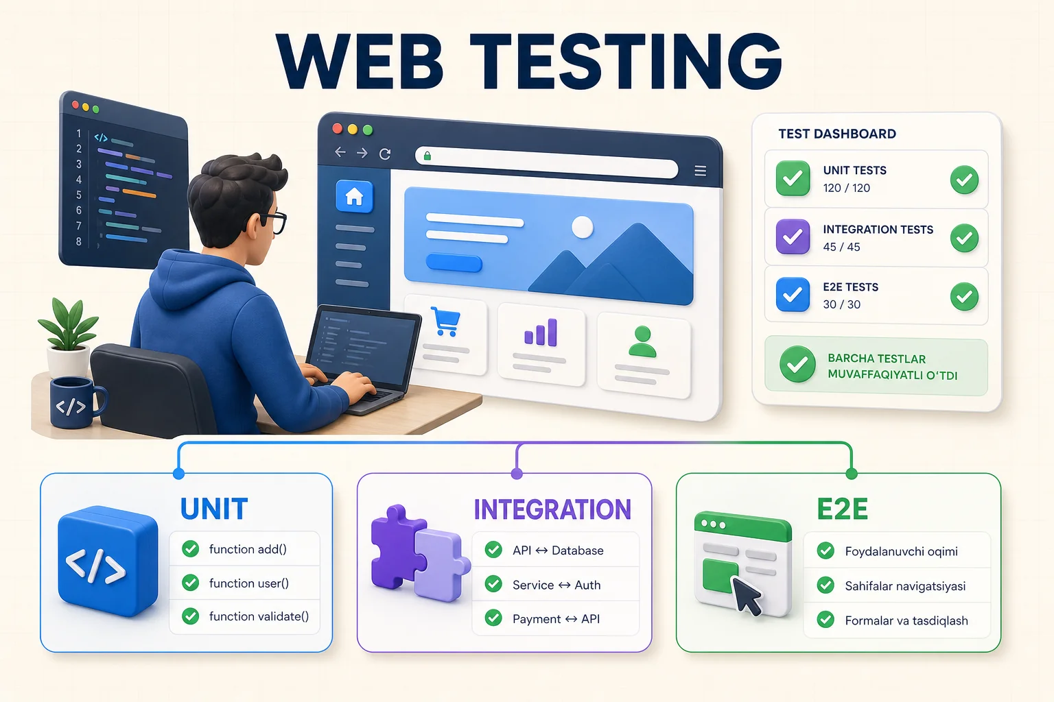 Web loyiha unit, integration, end-to-end va qo'lda tekshiruv qatlamlaridan o'tishi