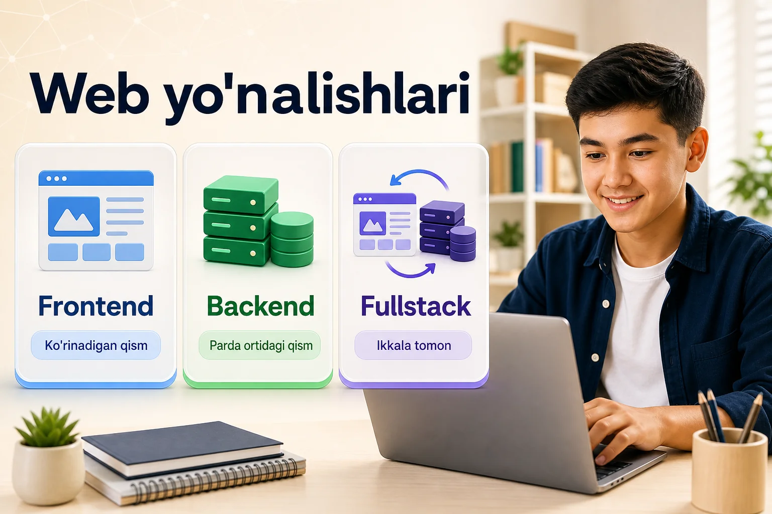 Frontend, backend va fullstack web dasturlash yo'nalishlarini ko'rib chiqayotgan o'quvchi